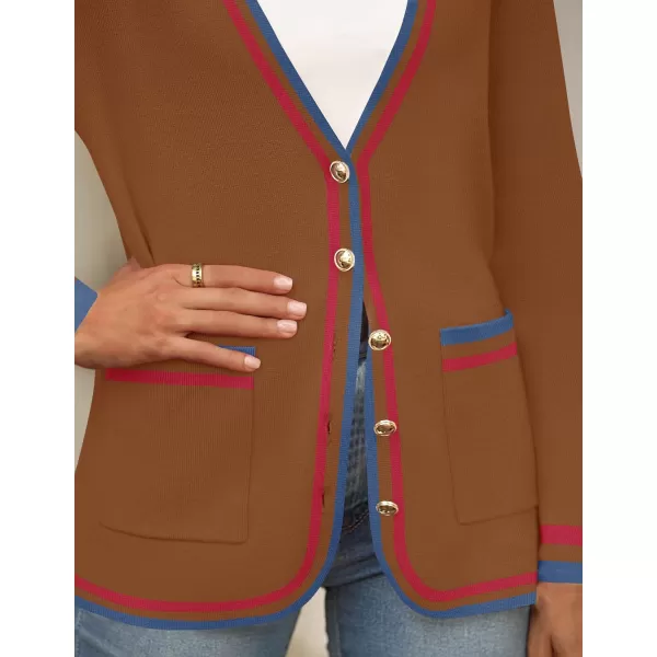 imageZESICA Womens 2024 Color Block Cardigan Sweaters Long Sleeve Button Down Open Front Coatigan with PocketsDarkbrown