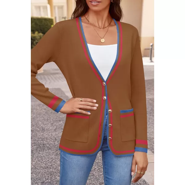 imageZESICA Womens 2024 Color Block Cardigan Sweaters Long Sleeve Button Down Open Front Coatigan with PocketsDarkbrown