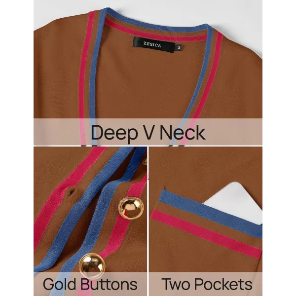 imageZESICA Womens 2024 Color Block Cardigan Sweaters Long Sleeve Button Down Open Front Coatigan with PocketsDarkbrown