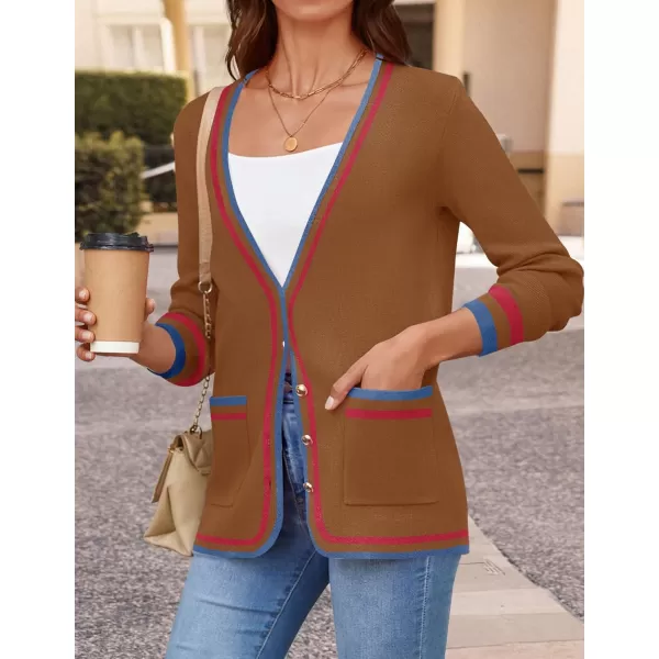 imageZESICA Womens 2024 Color Block Cardigan Sweaters Long Sleeve Button Down Open Front Coatigan with PocketsDarkbrown