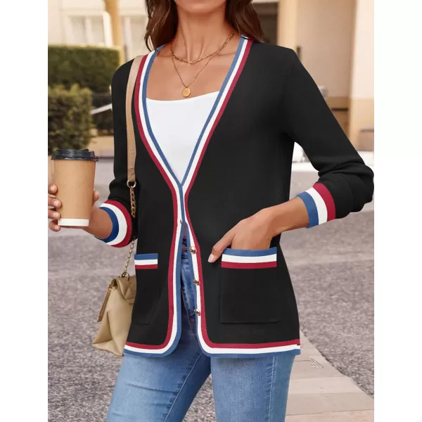 imageZESICA Womens 2024 Color Block Cardigan Sweaters Long Sleeve Button Down Open Front Coatigan with PocketsEbony