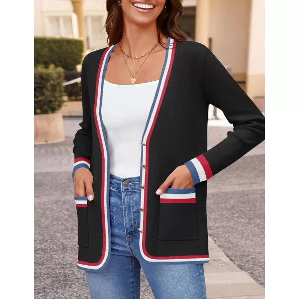 imageZESICA Womens 2024 Color Block Cardigan Sweaters Long Sleeve Button Down Open Front Coatigan with PocketsEbony
