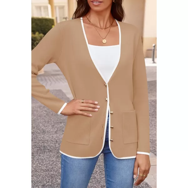 imageZESICA Womens 2024 Color Block Cardigan Sweaters Long Sleeve Button Down Open Front Coatigan with PocketsKhaki