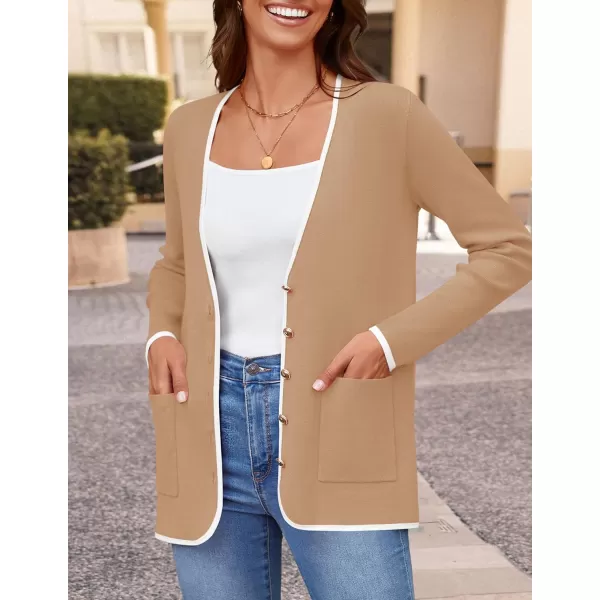 imageZESICA Womens 2024 Color Block Cardigan Sweaters Long Sleeve Button Down Open Front Coatigan with PocketsKhaki