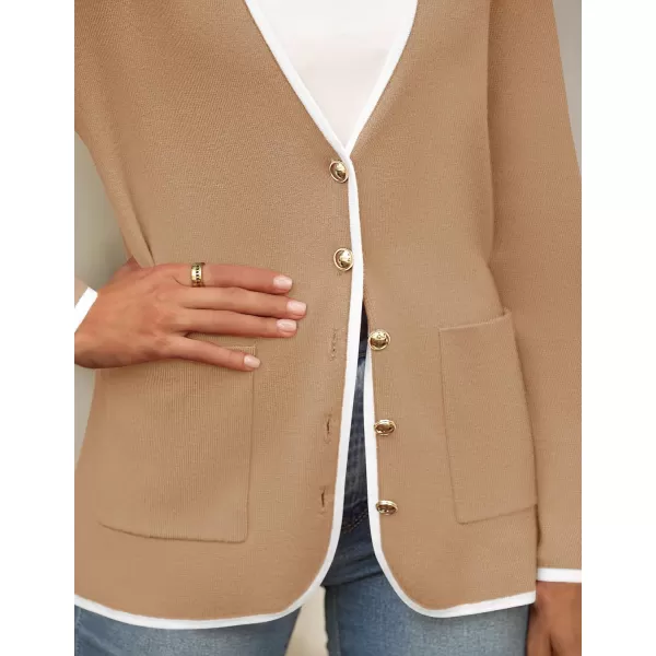 imageZESICA Womens 2024 Color Block Cardigan Sweaters Long Sleeve Button Down Open Front Coatigan with PocketsKhaki