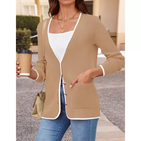 imageZESICA Womens 2024 Color Block Cardigan Sweaters Long Sleeve Button Down Open Front Coatigan with PocketsKhaki