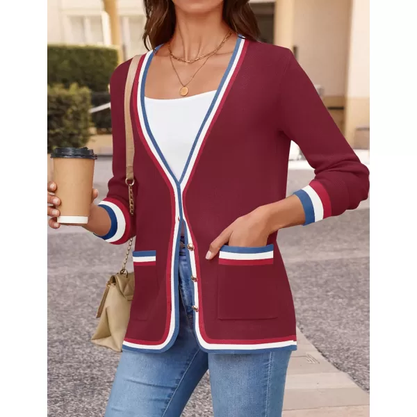 imageZESICA Womens 2024 Color Block Cardigan Sweaters Long Sleeve Button Down Open Front Coatigan with PocketsWine