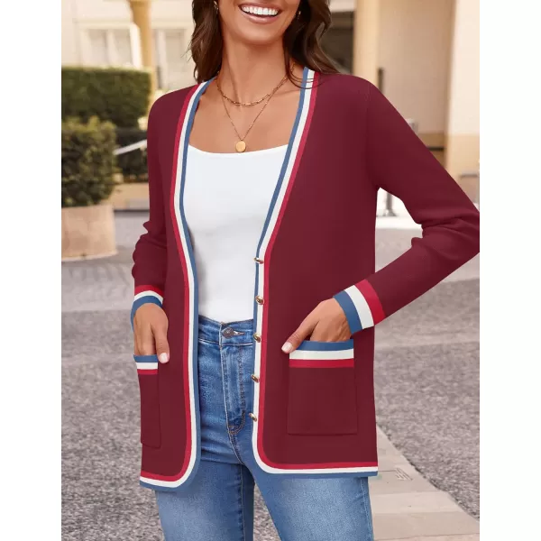 imageZESICA Womens 2024 Color Block Cardigan Sweaters Long Sleeve Button Down Open Front Coatigan with PocketsWine
