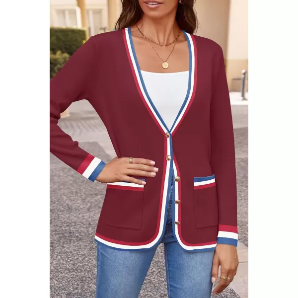 imageZESICA Womens 2024 Color Block Cardigan Sweaters Long Sleeve Button Down Open Front Coatigan with PocketsWine