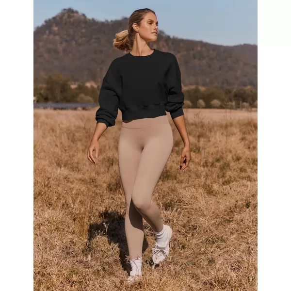 imageZESICA Womens 2024 Crop Sweatshirts Casual Long Sleeve Crewneck Solid Color Y2K Fleece Loose Pullover Sweatshirt TopsBlack