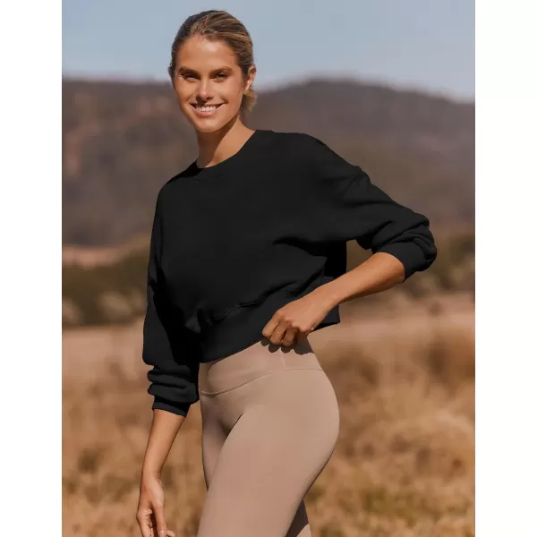 imageZESICA Womens 2024 Crop Sweatshirts Casual Long Sleeve Crewneck Solid Color Y2K Fleece Loose Pullover Sweatshirt TopsBlack