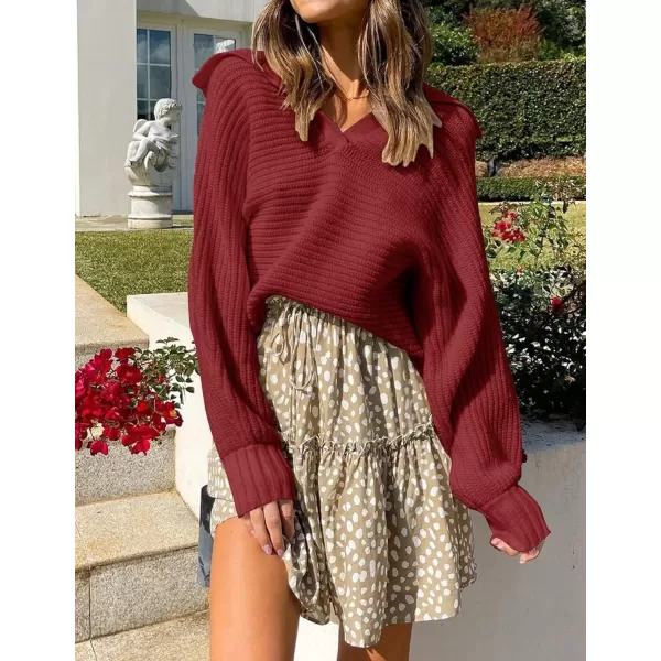 imageZESICA Womens 2024 Fall Lapel Collar V Neck Long Sleeve Ribbed Knit Comfy Loose Casual Pullover Sweater Jumper TopBurgundy