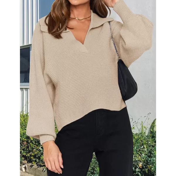 imageZESICA Womens 2024 Fall Lapel Collar V Neck Long Sleeve Ribbed Knit Comfy Loose Casual Pullover Sweater Jumper TopOatmeal