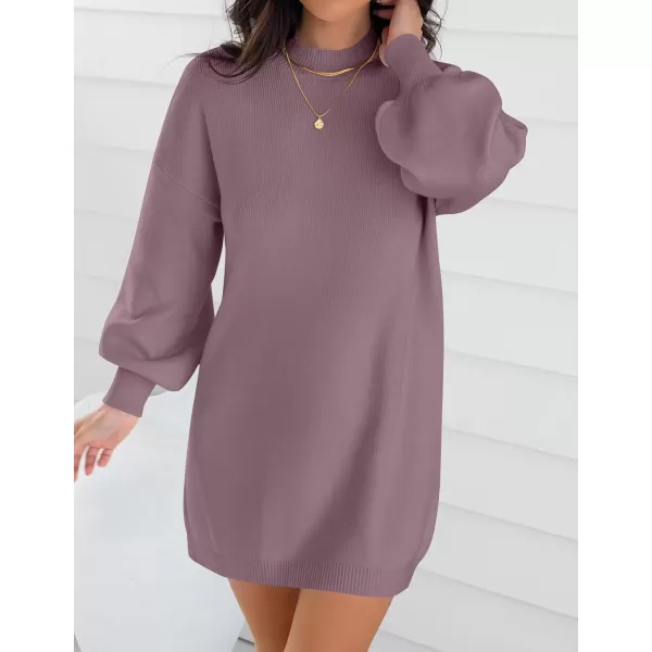 imageZESICA Womens 2024 Fall Turtleneck Sweaters Dress Oversized Long Lantern Sleeve Casual Knit Pullover Short DressesDarkviolet