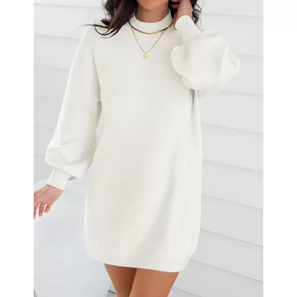 imageZESICA Womens 2024 Fall Turtleneck Sweaters Dress Oversized Long Lantern Sleeve Casual Knit Pullover Short DressesWhite