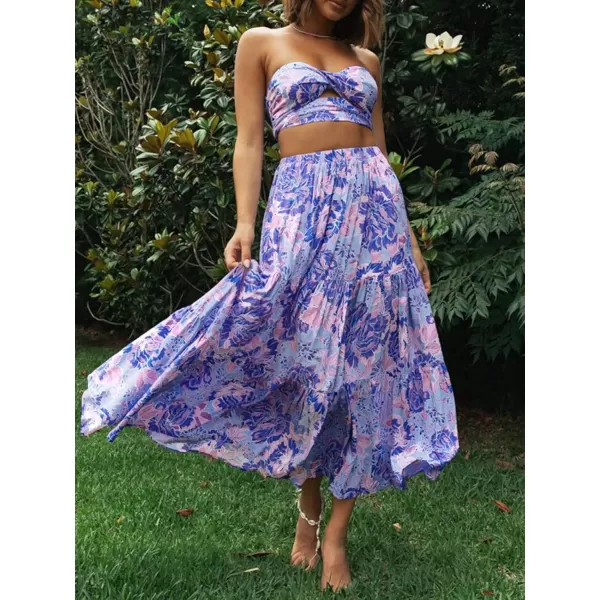 imageZESICA Womens 2024 Summer Plaid Flower Elastic High Waist Flowy A Line Maxi Skirt with PocketsViolet