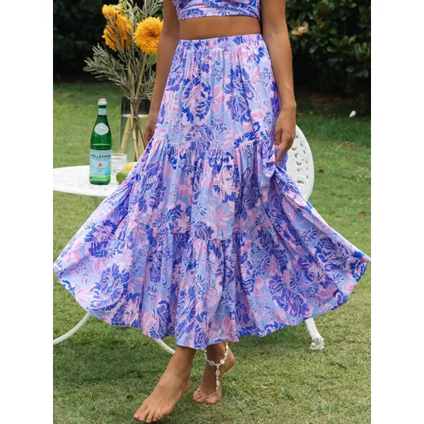 imageZESICA Womens 2024 Summer Plaid Flower Elastic High Waist Flowy A Line Maxi Skirt with PocketsViolet