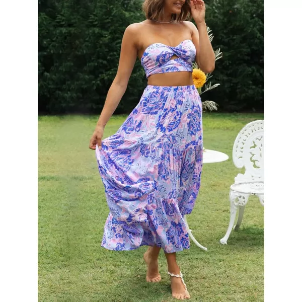 imageZESICA Womens 2024 Summer Plaid Flower Elastic High Waist Flowy A Line Maxi Skirt with PocketsViolet