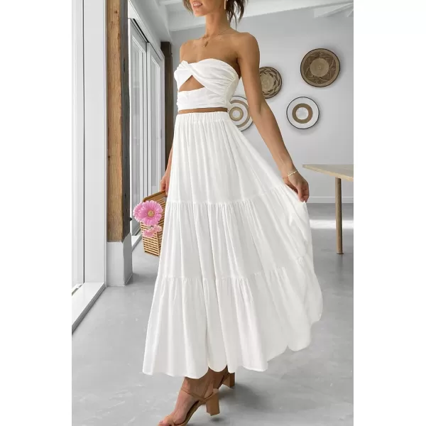 imageZESICA Womens 2024 Summer Plaid Flower Elastic High Waist Flowy A Line Maxi Skirt with PocketsWhite