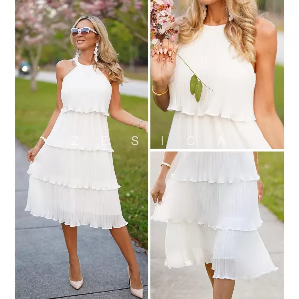 imageZESICA Womens 2024 Summer Sleeveless Halter Neck Ruffle Tiered Layed Chiffon Flowy Swing Long Midi DressWhite