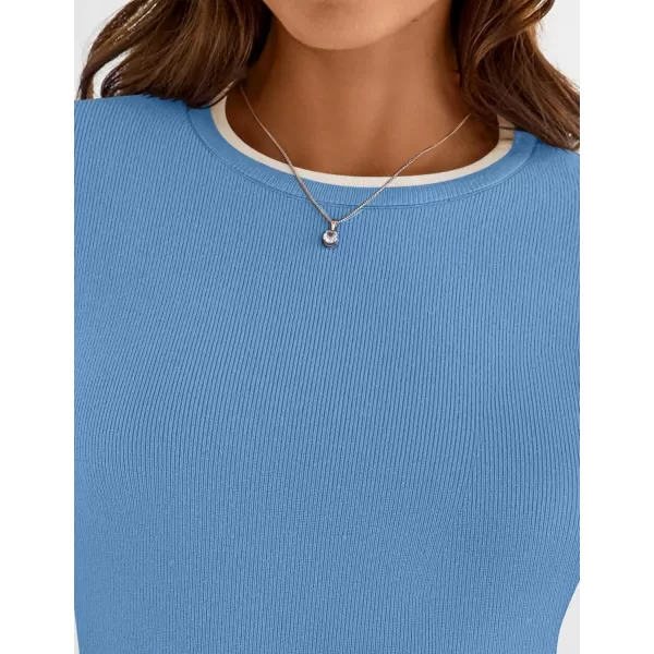 imageZESICA Womens Long Sleeve Crewneck Shirts 2024 Fall Knit Slim Fitted Casual Basic Tee Sweater TopsBlue