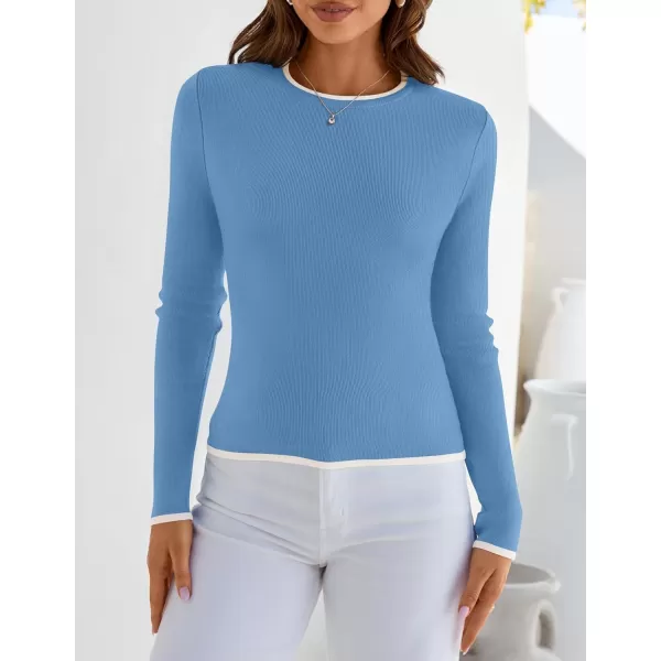 imageZESICA Womens Long Sleeve Crewneck Shirts 2024 Fall Knit Slim Fitted Casual Basic Tee Sweater TopsBlue
