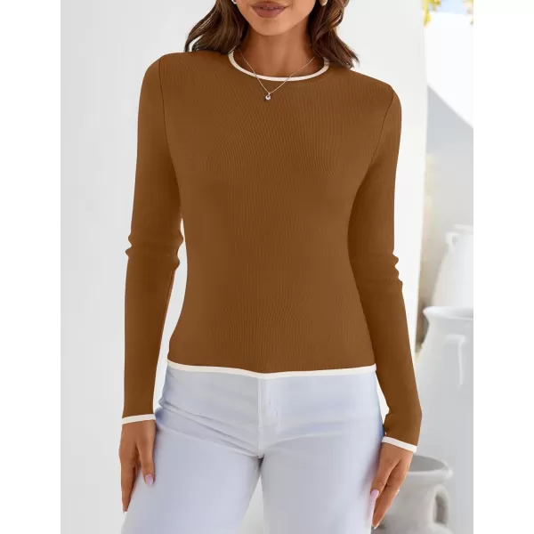 imageZESICA Womens Long Sleeve Crewneck Shirts 2024 Fall Knit Slim Fitted Casual Basic Tee Sweater TopsBrown