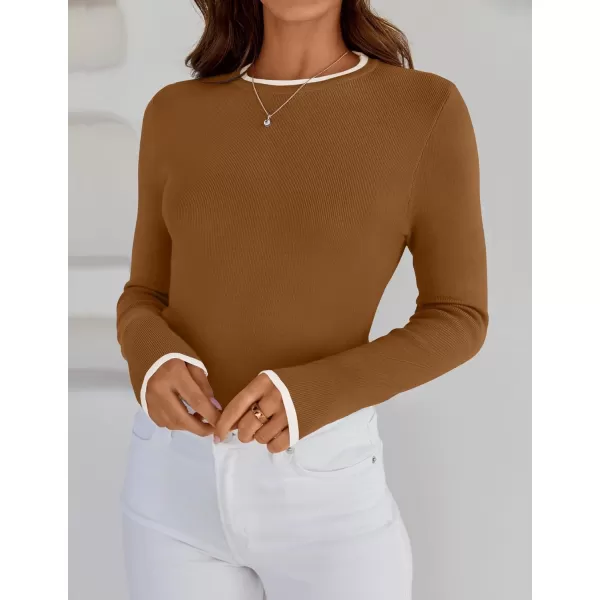 imageZESICA Womens Long Sleeve Crewneck Shirts 2024 Fall Knit Slim Fitted Casual Basic Tee Sweater TopsBrown