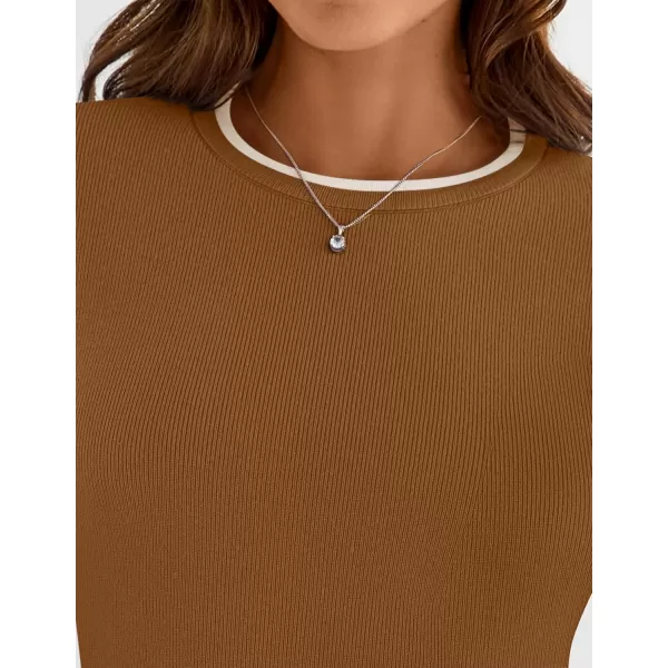 imageZESICA Womens Long Sleeve Crewneck Shirts 2024 Fall Knit Slim Fitted Casual Basic Tee Sweater TopsBrown