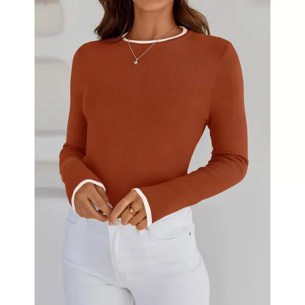 imageZESICA Womens Long Sleeve Crewneck Shirts 2024 Fall Knit Slim Fitted Casual Basic Tee Sweater TopsRust