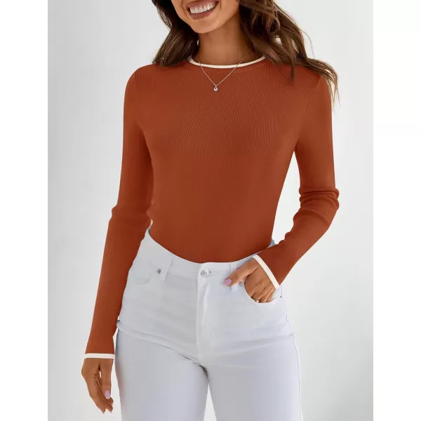 imageZESICA Womens Long Sleeve Crewneck Shirts 2024 Fall Knit Slim Fitted Casual Basic Tee Sweater TopsRust