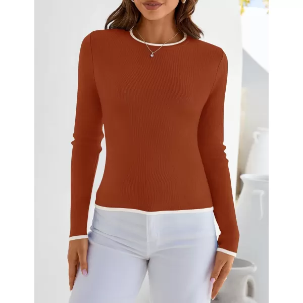 imageZESICA Womens Long Sleeve Crewneck Shirts 2024 Fall Knit Slim Fitted Casual Basic Tee Sweater TopsRust