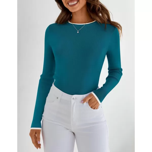 imageZESICA Womens Long Sleeve Crewneck Shirts 2024 Fall Knit Slim Fitted Casual Basic Tee Sweater TopsTeal