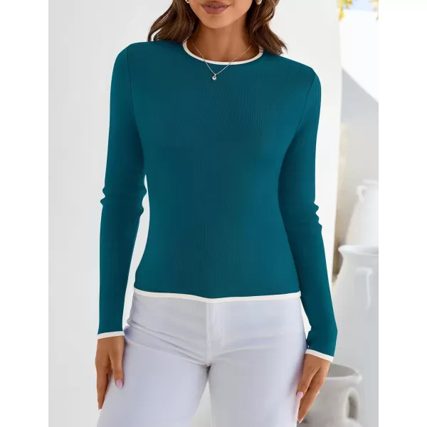 imageZESICA Womens Long Sleeve Crewneck Shirts 2024 Fall Knit Slim Fitted Casual Basic Tee Sweater TopsTeal