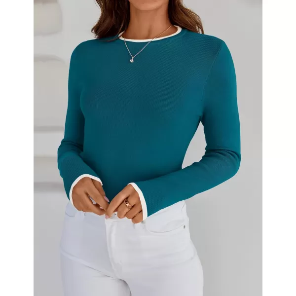 imageZESICA Womens Long Sleeve Crewneck Shirts 2024 Fall Knit Slim Fitted Casual Basic Tee Sweater TopsTeal