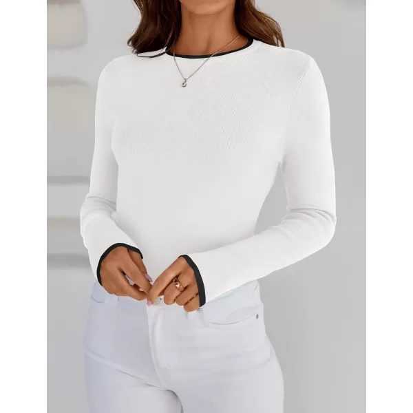 imageZESICA Womens Long Sleeve Crewneck Shirts 2024 Fall Knit Slim Fitted Casual Basic Tee Sweater TopsWhite