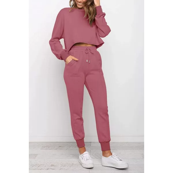 imageZESICA Womens Long Sleeve Crop Top and Pants Pajama Sets 2 Piece Jogger Long Sleepwear Loungewear Pjs SetsRosy