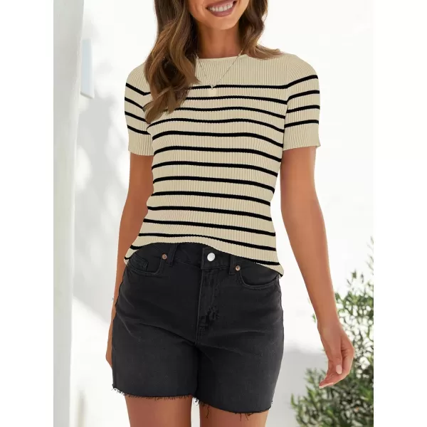 imageZESICA Womens Short Sleeve Crewneck Striped T Shirt 2024 Summer Ribbed Knit Slim Fit Casual Basic Tee TopsAlmond