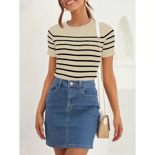 imageZESICA Womens Short Sleeve Crewneck Striped T Shirt 2024 Summer Ribbed Knit Slim Fit Casual Basic Tee TopsAlmond