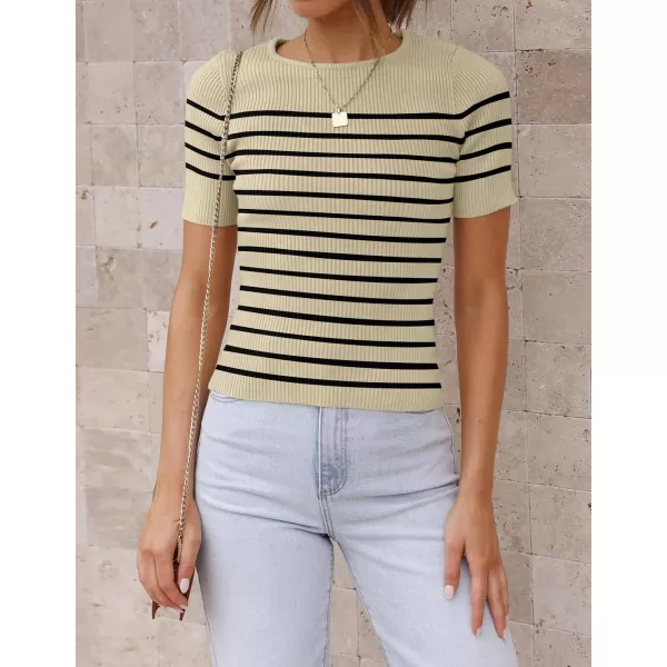 imageZESICA Womens Short Sleeve Crewneck Striped T Shirt 2024 Summer Ribbed Knit Slim Fit Casual Basic Tee TopsAlmond