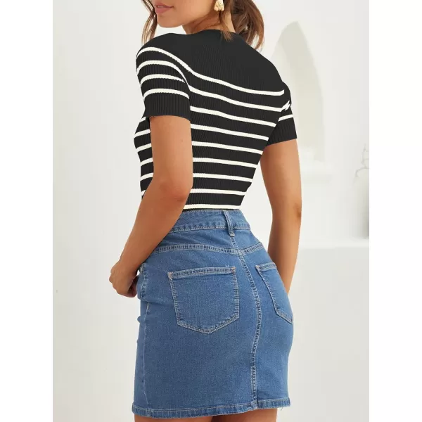 imageZESICA Womens Short Sleeve Crewneck Striped T Shirt 2024 Summer Ribbed Knit Slim Fit Casual Basic Tee TopsBlack
