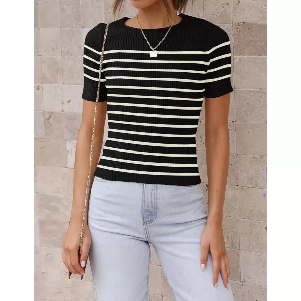 imageZESICA Womens Short Sleeve Crewneck Striped T Shirt 2024 Summer Ribbed Knit Slim Fit Casual Basic Tee TopsBlack