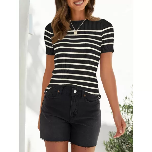 imageZESICA Womens Short Sleeve Crewneck Striped T Shirt 2024 Summer Ribbed Knit Slim Fit Casual Basic Tee TopsBlack
