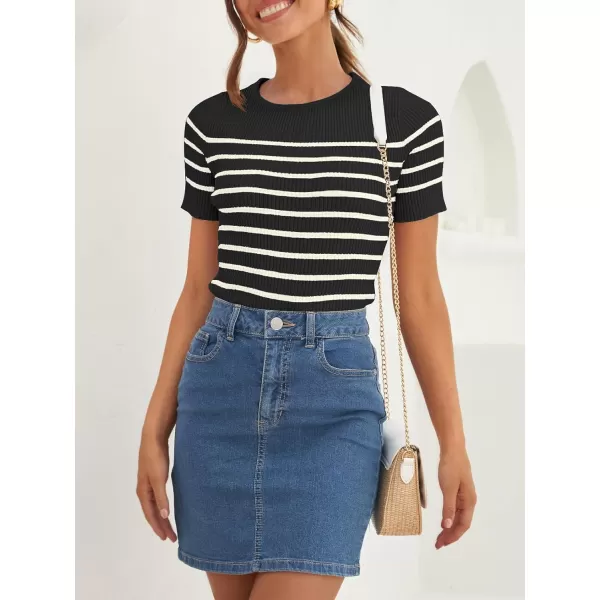 imageZESICA Womens Short Sleeve Crewneck Striped T Shirt 2024 Summer Ribbed Knit Slim Fit Casual Basic Tee TopsBlack