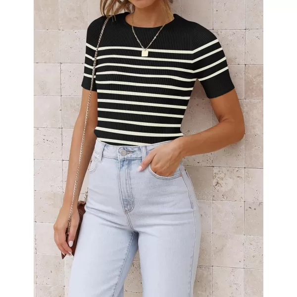 imageZESICA Womens Short Sleeve Crewneck Striped T Shirt 2024 Summer Ribbed Knit Slim Fit Casual Basic Tee TopsBlack