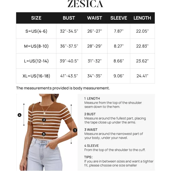 imageZESICA Womens Short Sleeve Crewneck Striped T Shirt 2024 Summer Ribbed Knit Slim Fit Casual Basic Tee TopsBrown