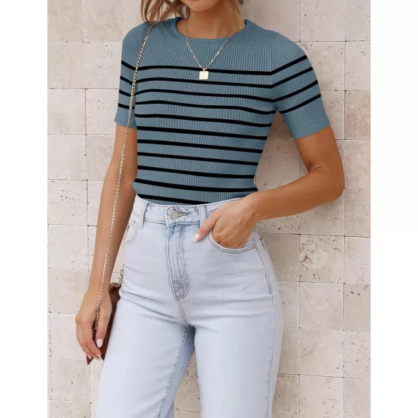 imageZESICA Womens Short Sleeve Crewneck Striped T Shirt 2024 Summer Ribbed Knit Slim Fit Casual Basic Tee TopsDarkblue