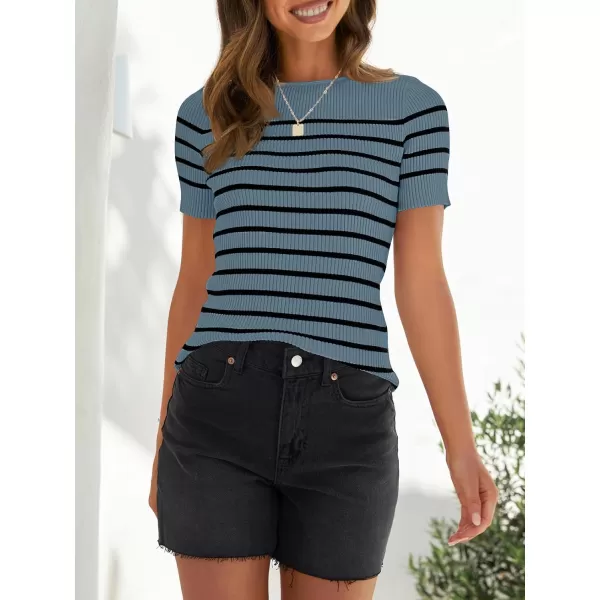 imageZESICA Womens Short Sleeve Crewneck Striped T Shirt 2024 Summer Ribbed Knit Slim Fit Casual Basic Tee TopsDarkblue