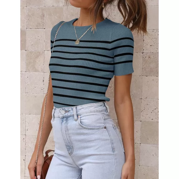 imageZESICA Womens Short Sleeve Crewneck Striped T Shirt 2024 Summer Ribbed Knit Slim Fit Casual Basic Tee TopsDarkblue