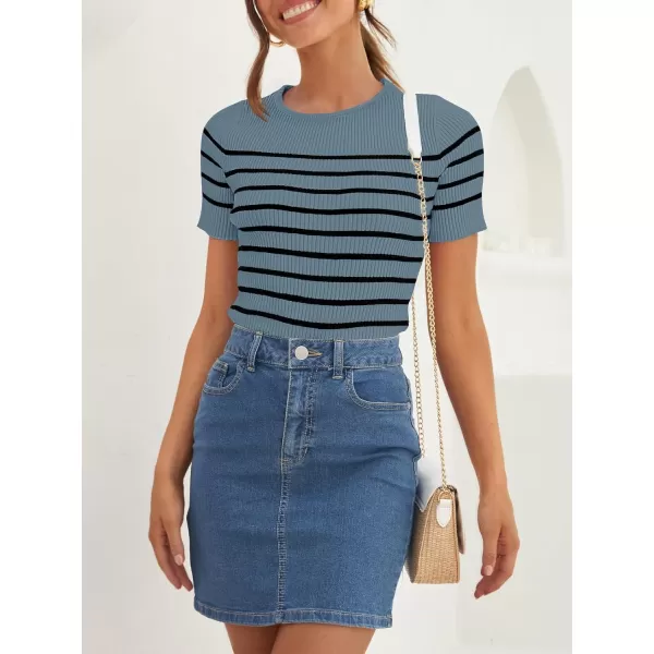 imageZESICA Womens Short Sleeve Crewneck Striped T Shirt 2024 Summer Ribbed Knit Slim Fit Casual Basic Tee TopsDarkblue